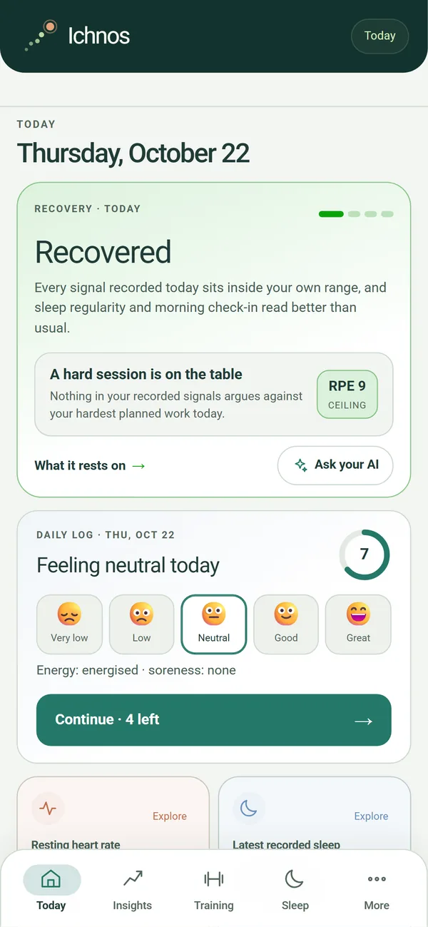 Today screen: the recovery verdict and the daily log